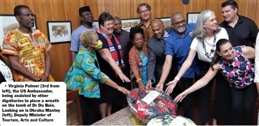 Virginia Palmer (3rd from left), the US Ambassador, being assisted by other dignitaries to place a wreath on the tomb of Dr Du Bois. Looking on is Okraku Mantey (left), Deputy Minister of Tourism, Arts and Culture 